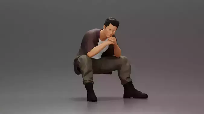 Thoughtful Man Squatting in Casual Outfit Deep in Contemplation 3D print model