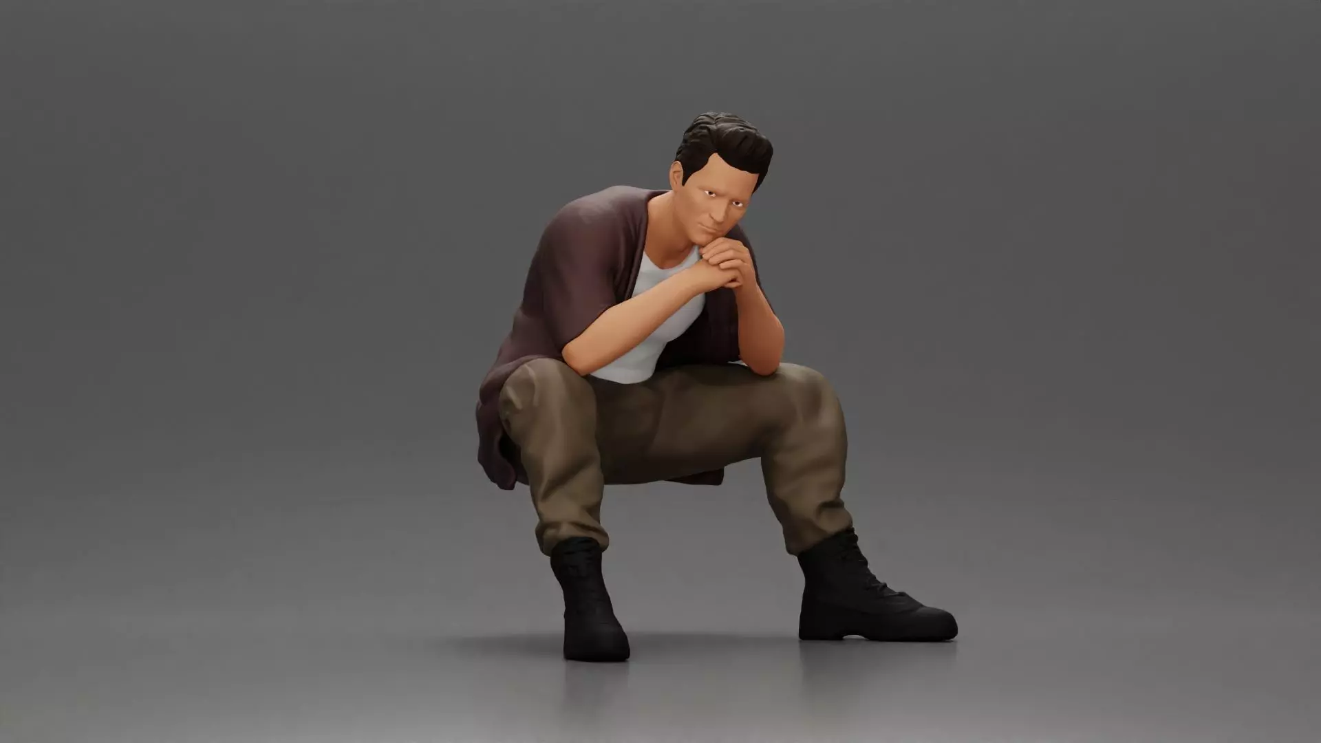 Thoughtful Man Squatting in Casual Outfit Deep in Contemplation 3D print model