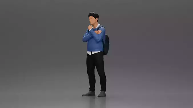 Confident Man with Backpack in Blue Sweater Pondering Thoughts 3D print model
