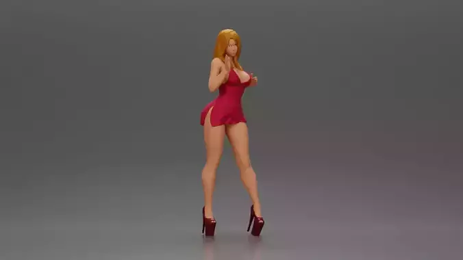 Confident Woman Posing Elegantly in Red Dress and Heels 3D print model