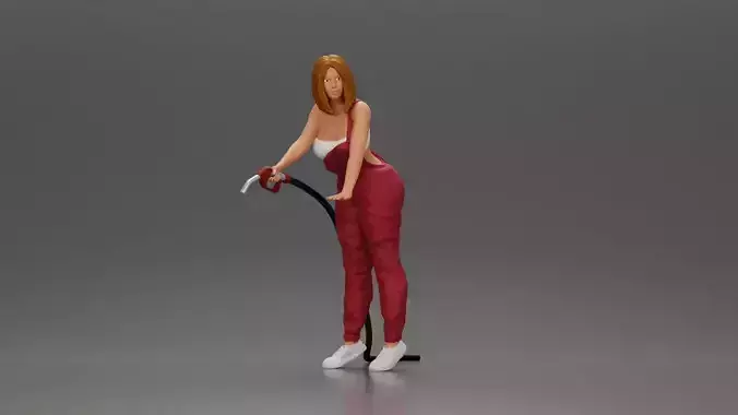 Mechanic Woman Holding Fuel Pump Ready in Red Overalls