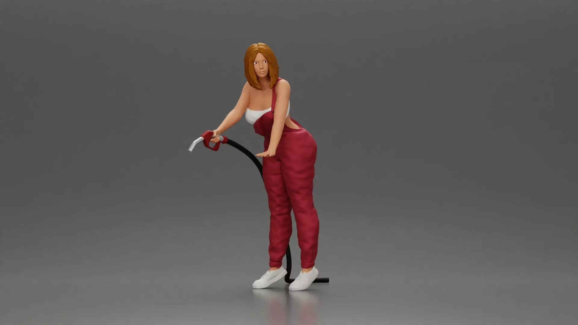 Mechanic Woman Holding Fuel Pump Ready in Red Overalls 3D print model