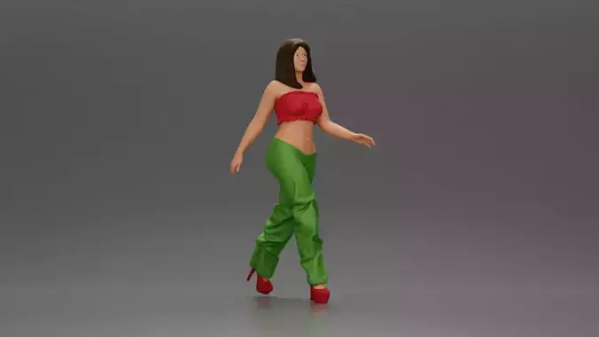 Woman Confidently Walks Forward in Stylish Green and Red Outfit