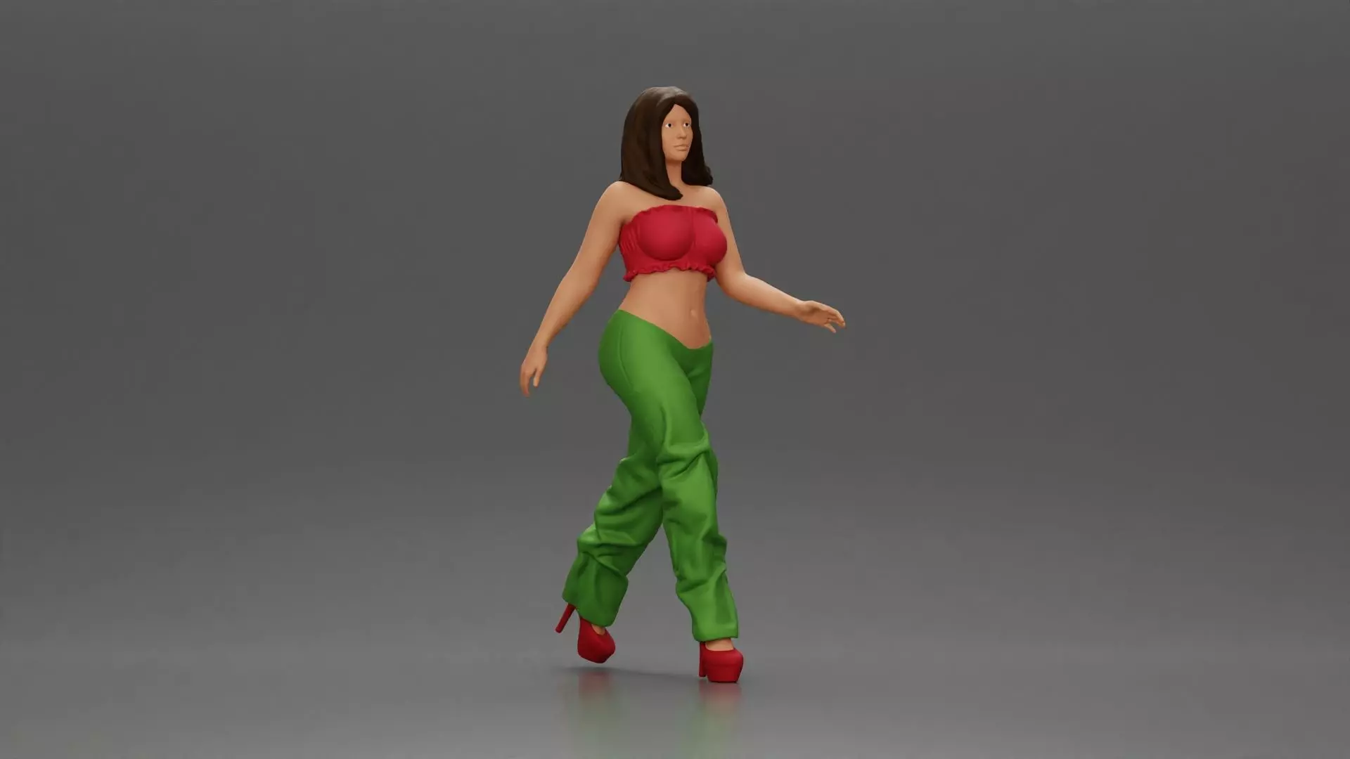 Woman Confidently Walks Forward in Stylish Green and Red Outfit 3D print model_0
