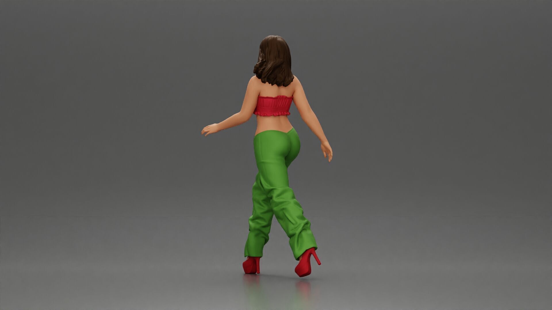 Woman Confidently Walks Forward in Stylish Green and Red Outfit 3D print model_3