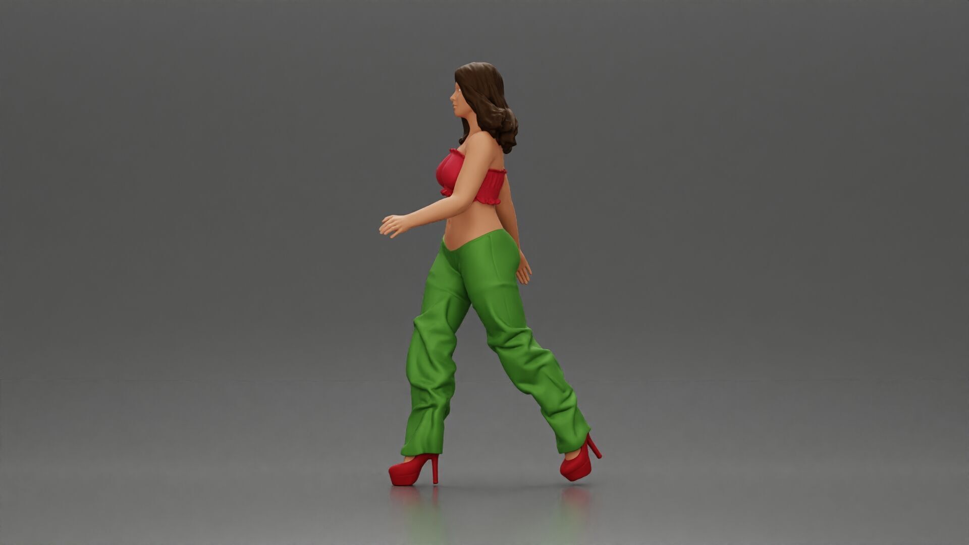 Woman Confidently Walks Forward in Stylish Green and Red Outfit 3D print model_4