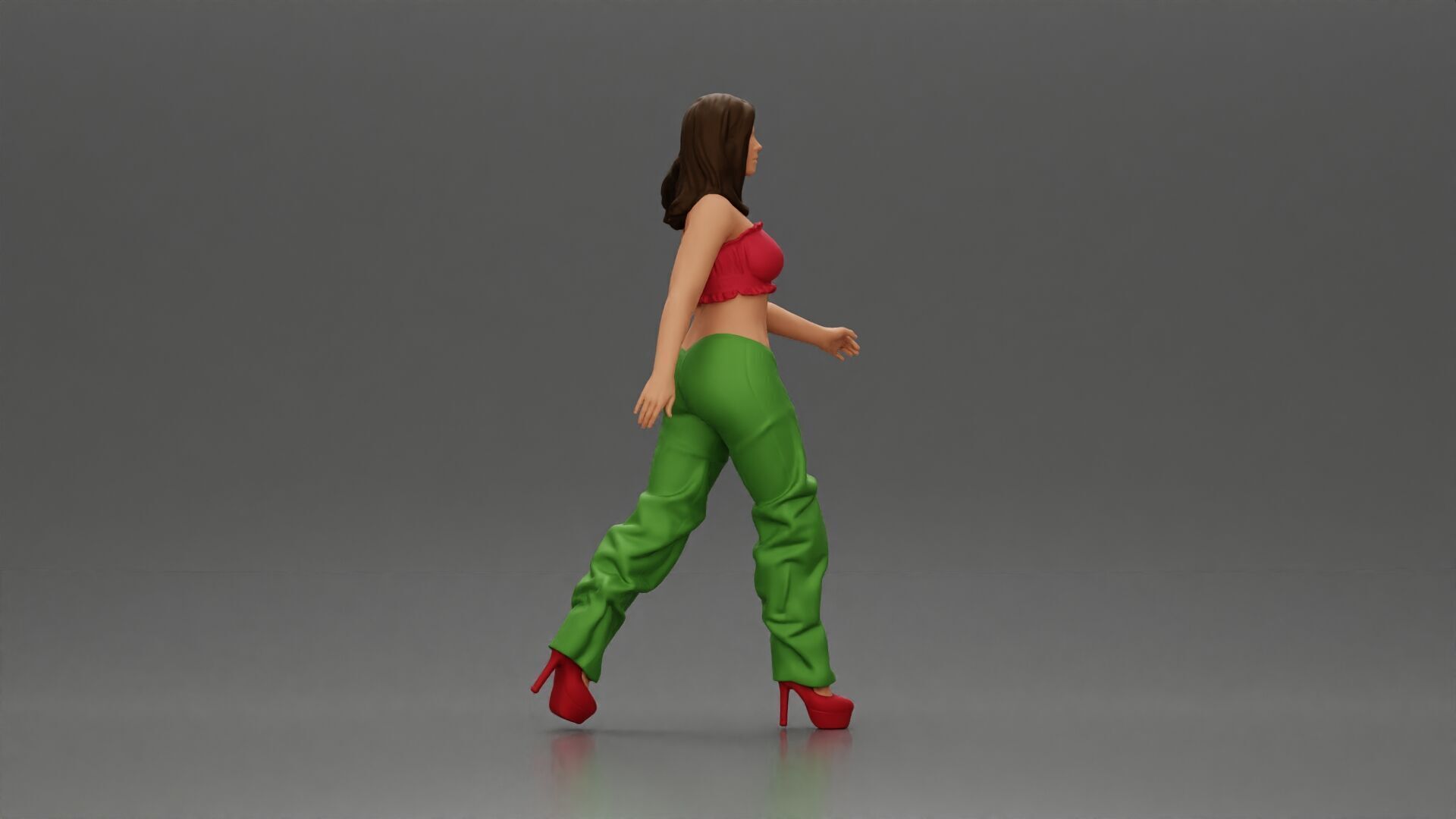 Woman Confidently Walks Forward in Stylish Green and Red Outfit 3D print model_1