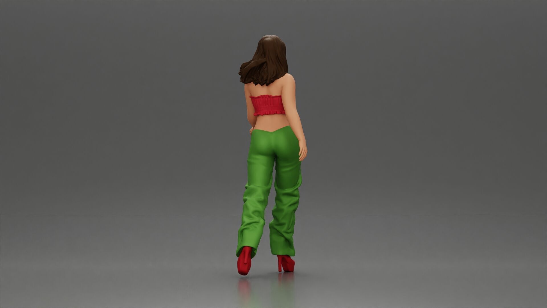 Woman Confidently Walks Forward in Stylish Green and Red Outfit 3D print model_2