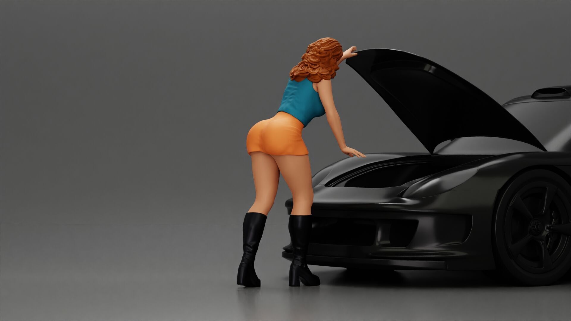 Woman in mini skirt Checking Under the Hood of a Sleek Car 3D print model_2
