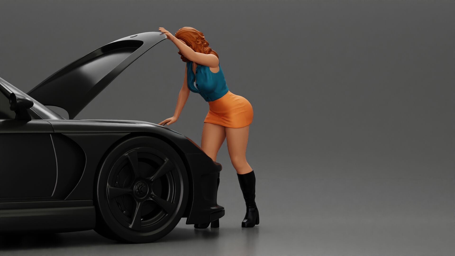 Woman in mini skirt Checking Under the Hood of a Sleek Car 3D print model_5