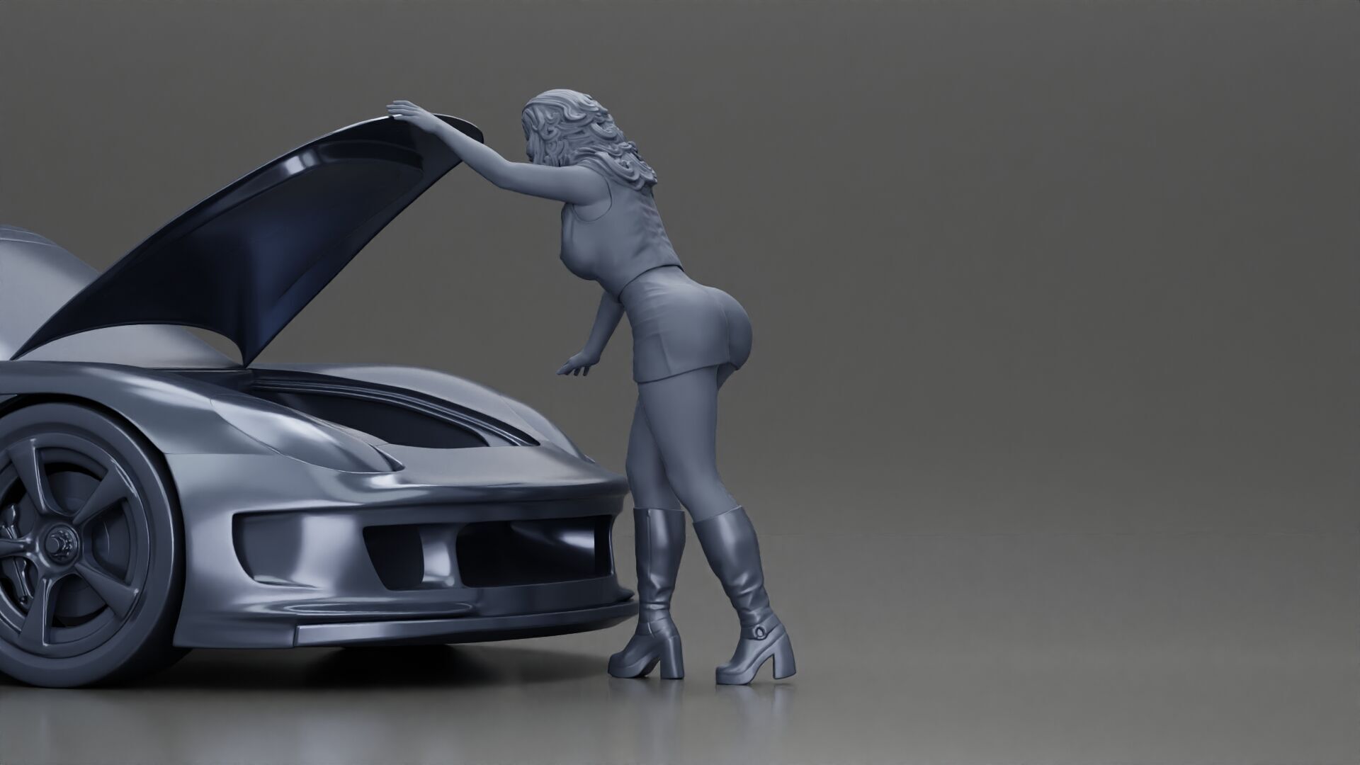 Woman in mini skirt Checking Under the Hood of a Sleek Car 3D print model_9