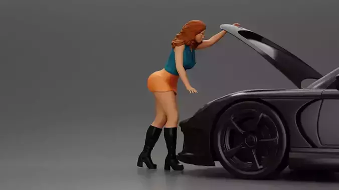 Woman in mini skirt Checking Under the Hood of a Sleek Car 3D print model