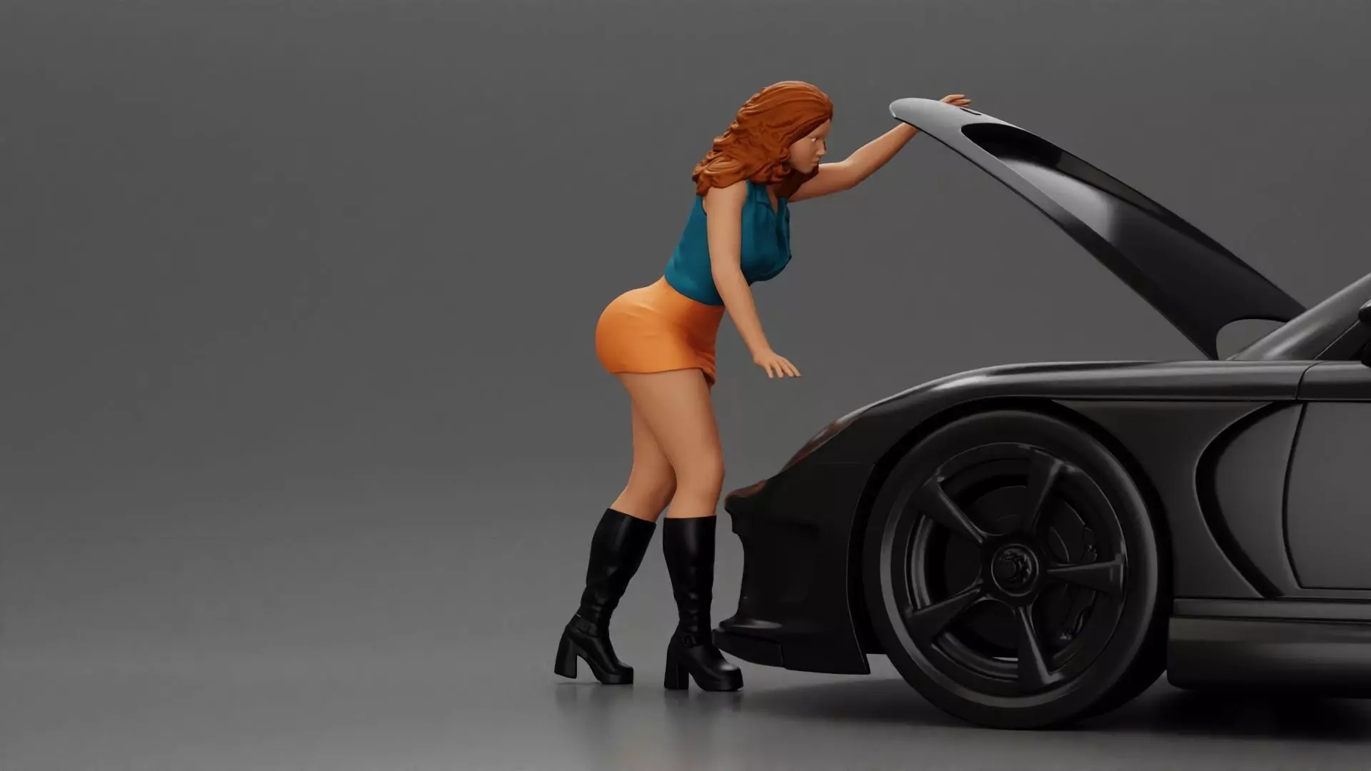 Woman in mini skirt Checking Under the Hood of a Sleek Car 3D print model_0