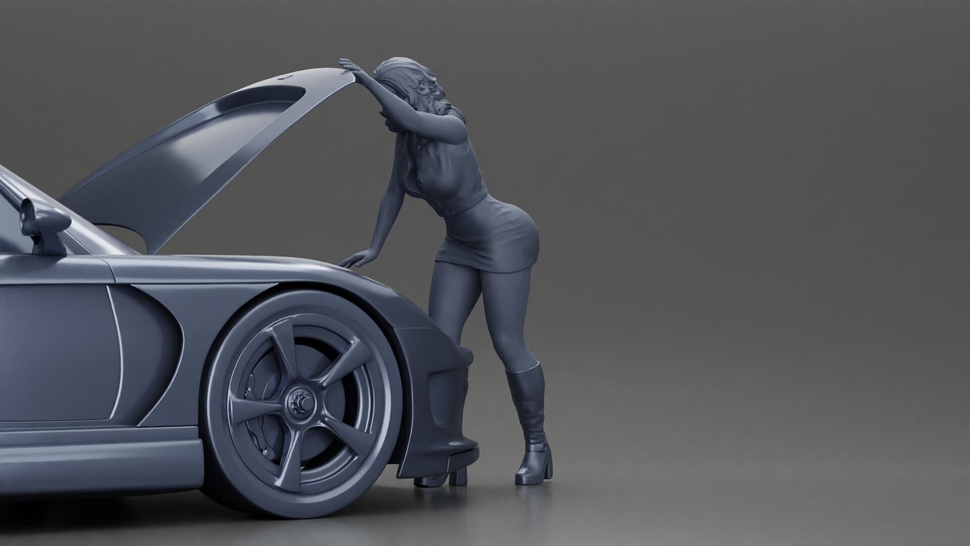 Woman in mini skirt Checking Under the Hood of a Sleek Car 3D print model_10