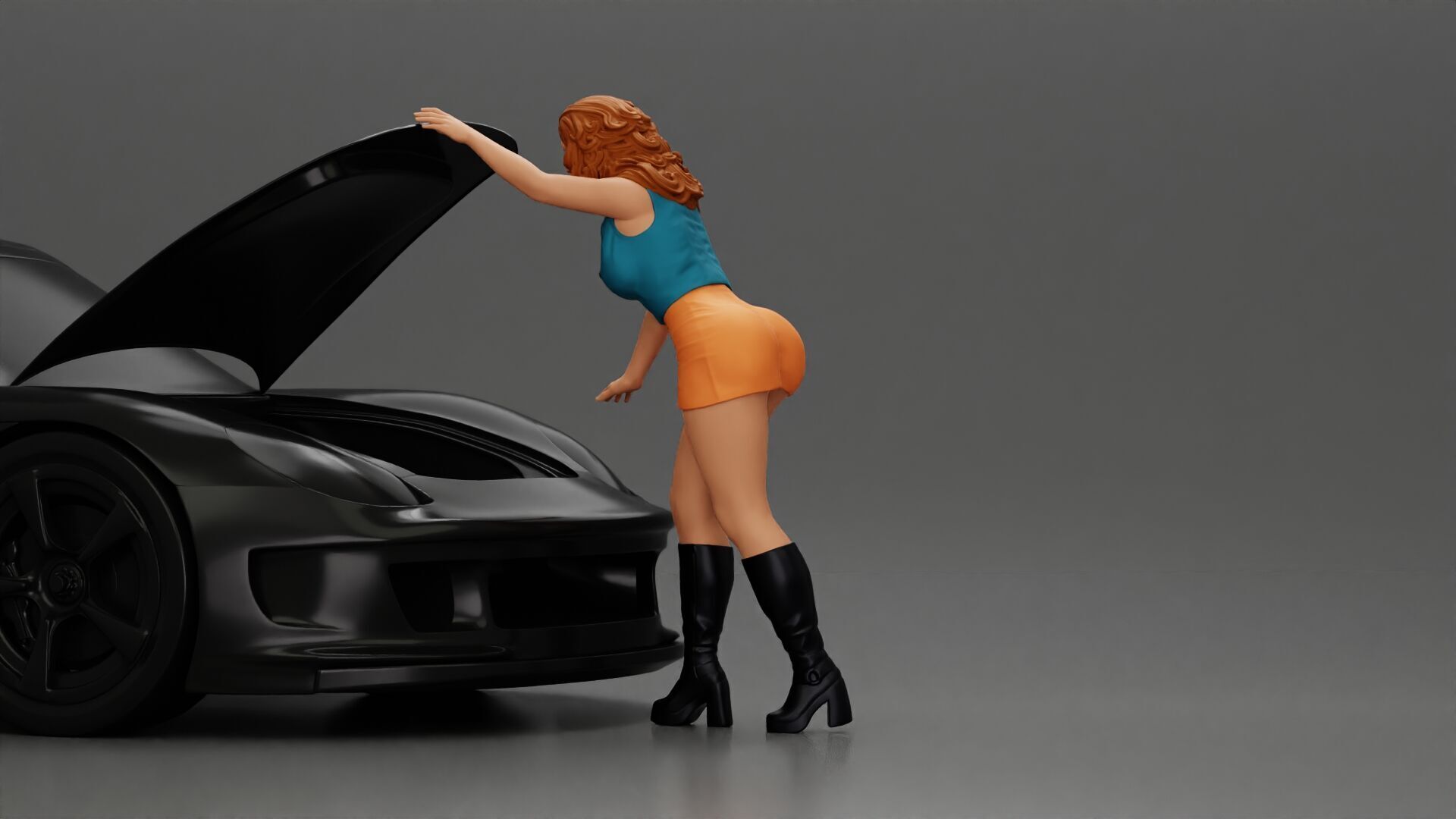 Woman in mini skirt Checking Under the Hood of a Sleek Car 3D print model_4