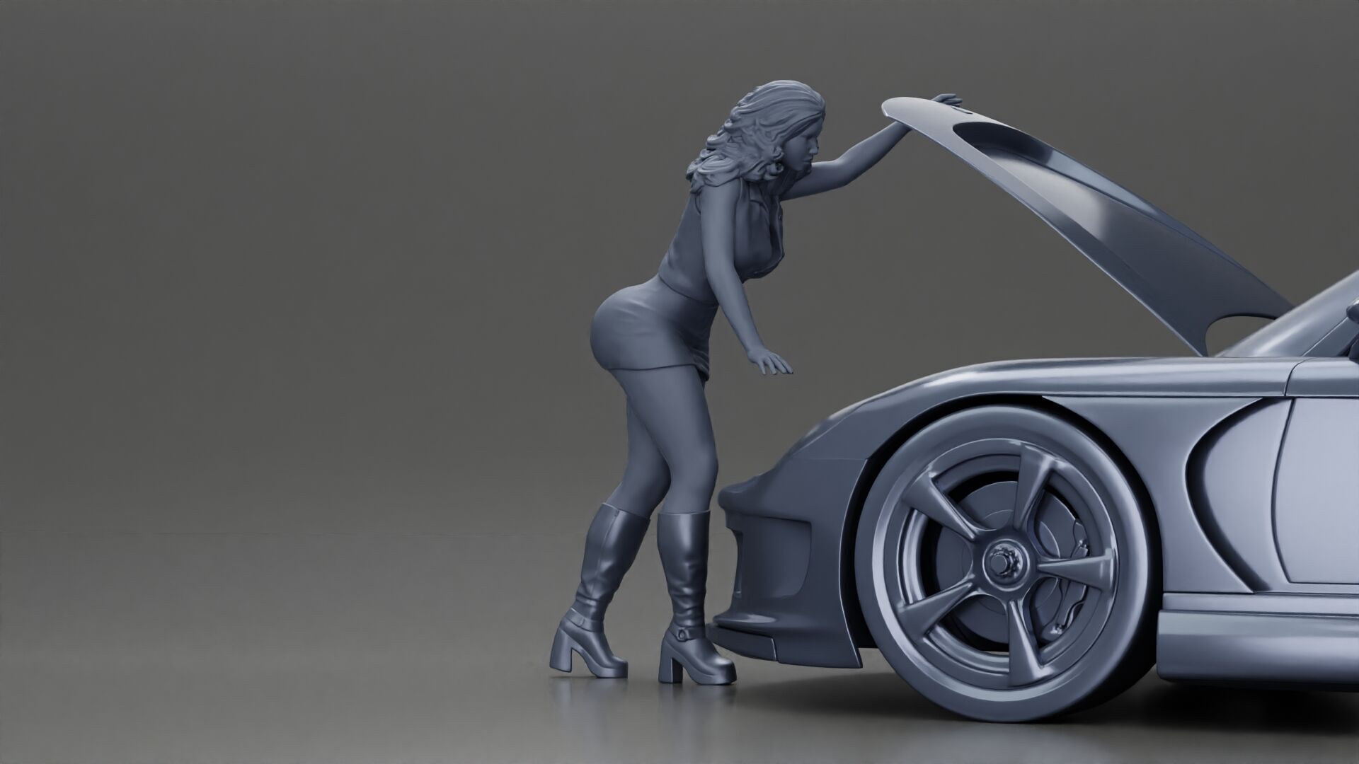 Woman in mini skirt Checking Under the Hood of a Sleek Car 3D print model_6