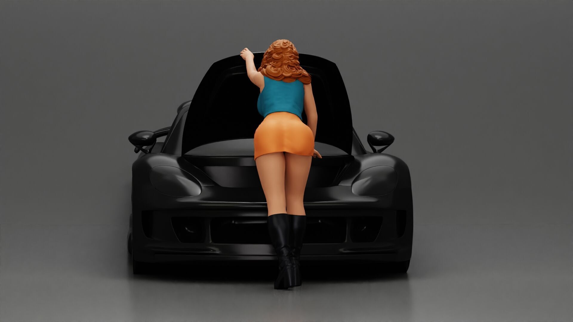 Woman in mini skirt Checking Under the Hood of a Sleek Car 3D print model_3
