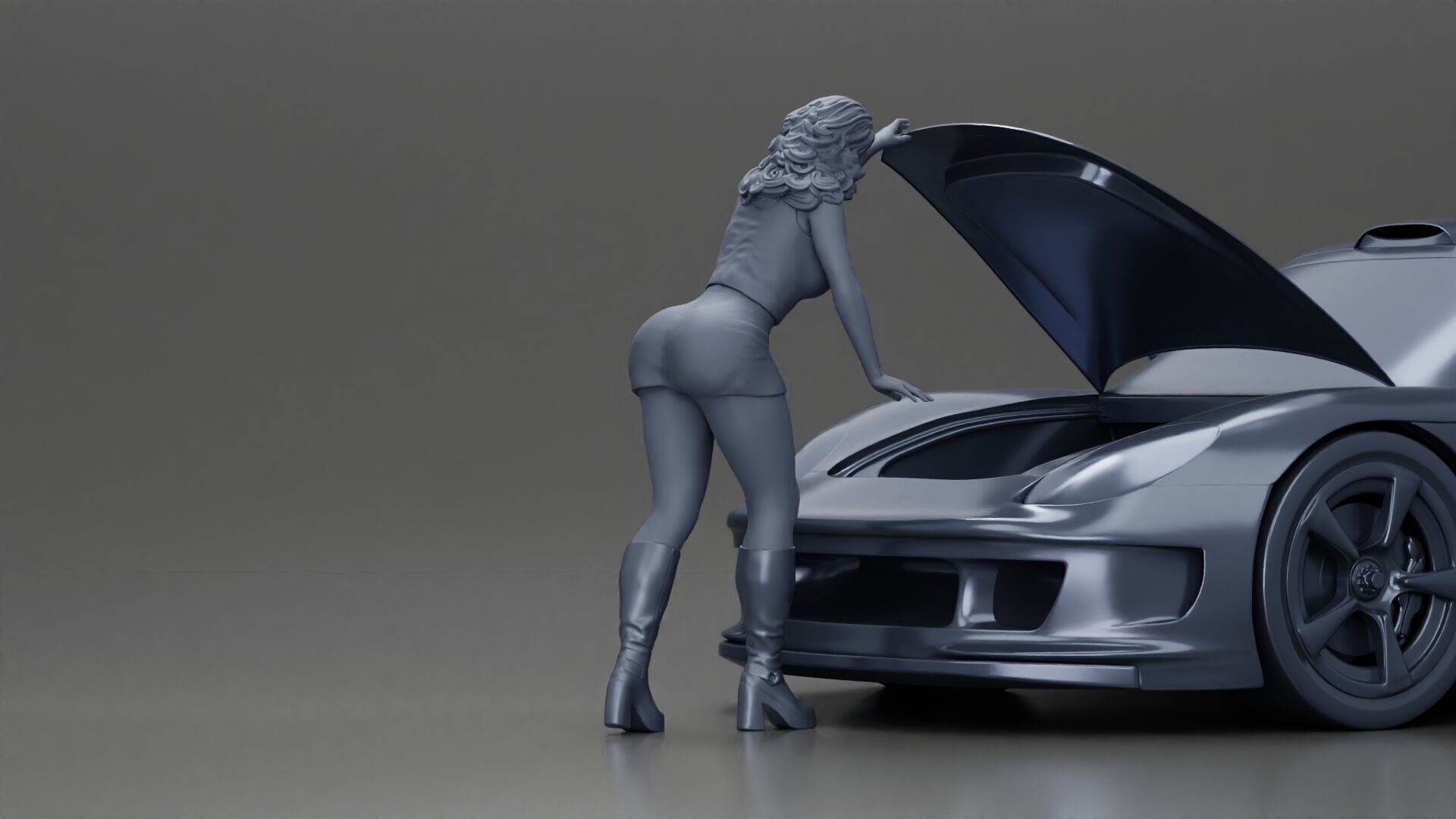 Woman in mini skirt Checking Under the Hood of a Sleek Car 3D print model_7