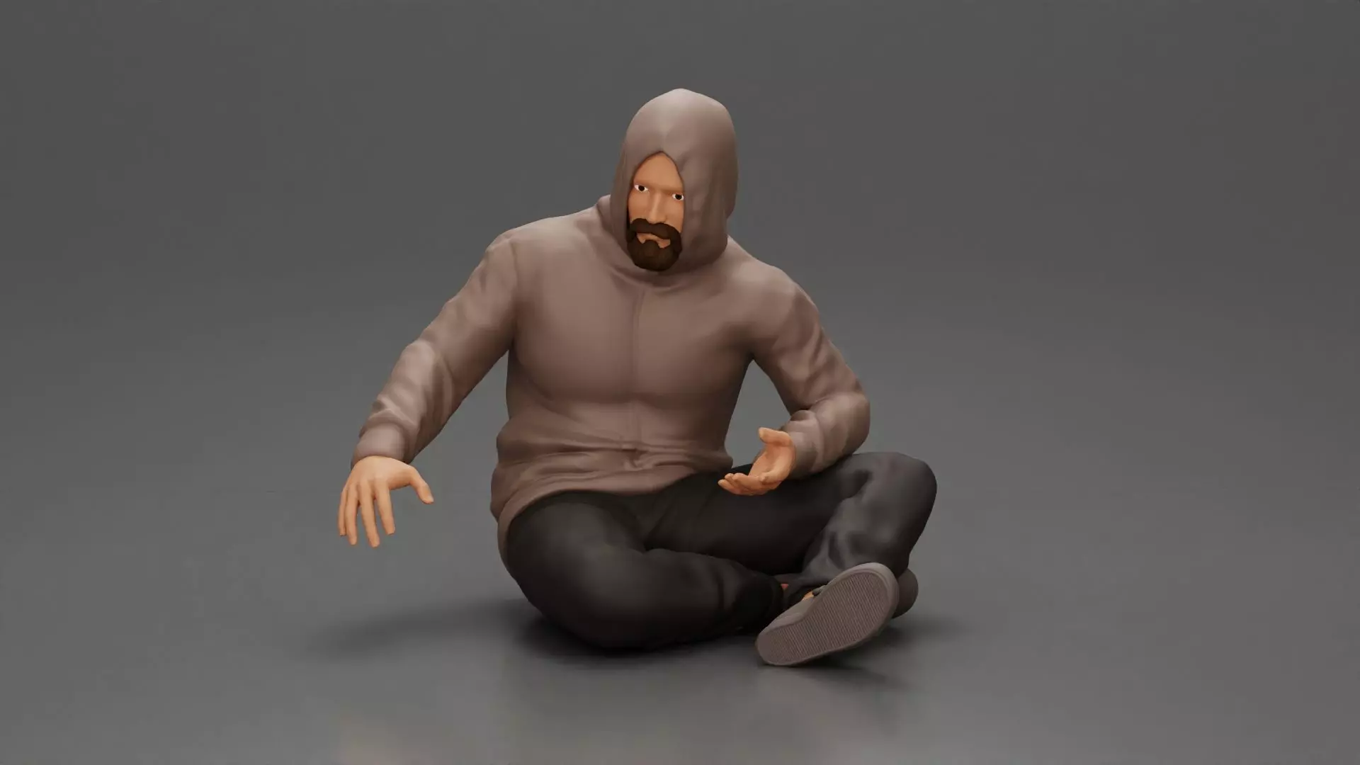 man in hoodie sitting cross-legged expressing curiosity 3D print model
