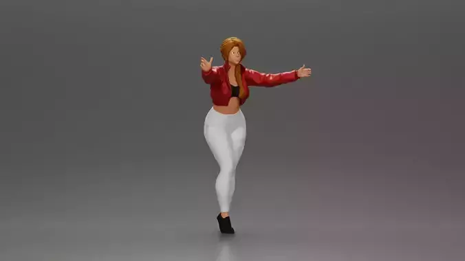 Confident woman in red jacket white leggings striking a pose