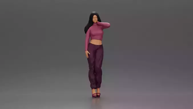 Elegant woman in purple outfit with crop top and heels