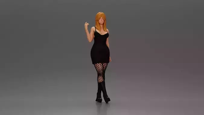 Stylish woman in black dress fishnet tights and boots 3D print model