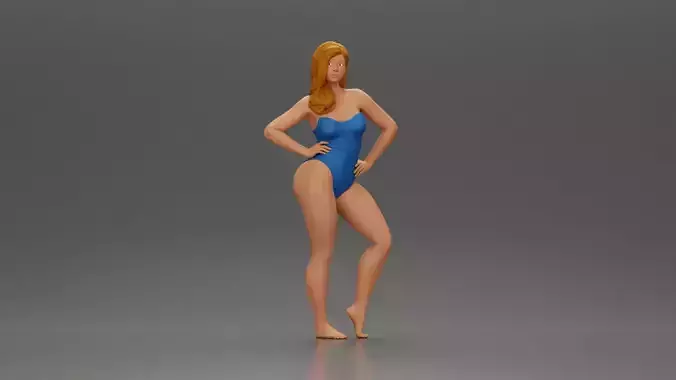 Elegant pose in blue swimsuit showcasing confidence and grace