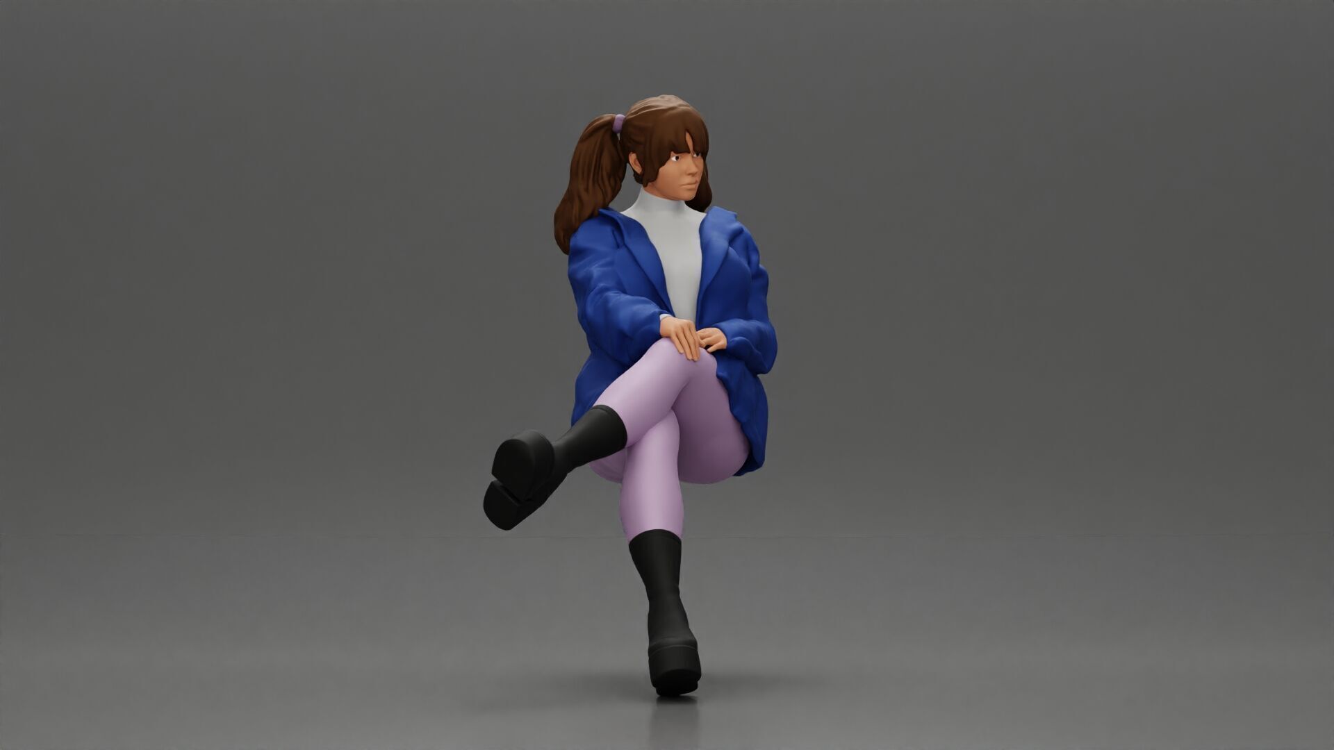 Stylish Woman in Blue Jacket Relaxing with Confident Poise 3D print model_1