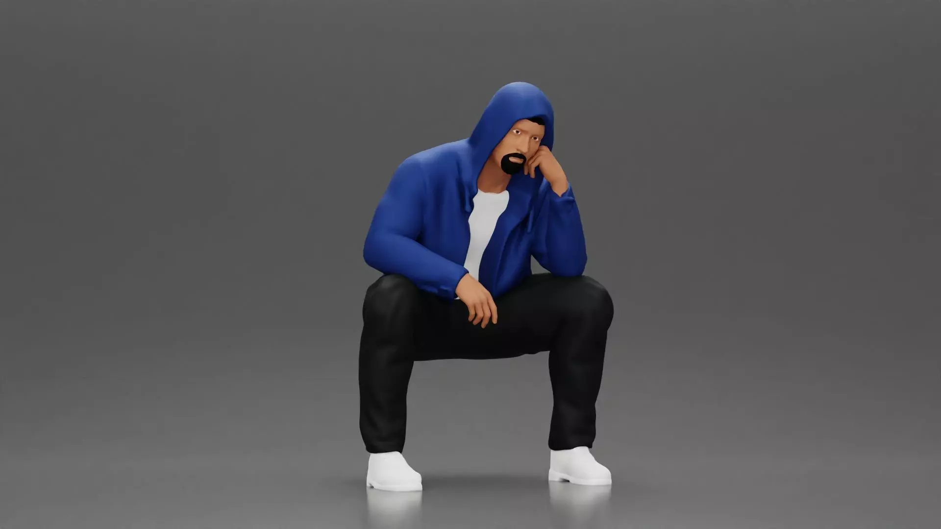 Thoughtful Man in Hoodie Squatting with Hand on His Face 3D print model