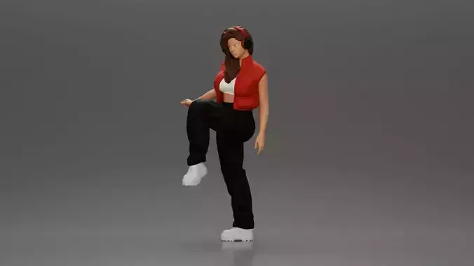 Woman in Headphones Lifting Leg in Stylish Streetwear