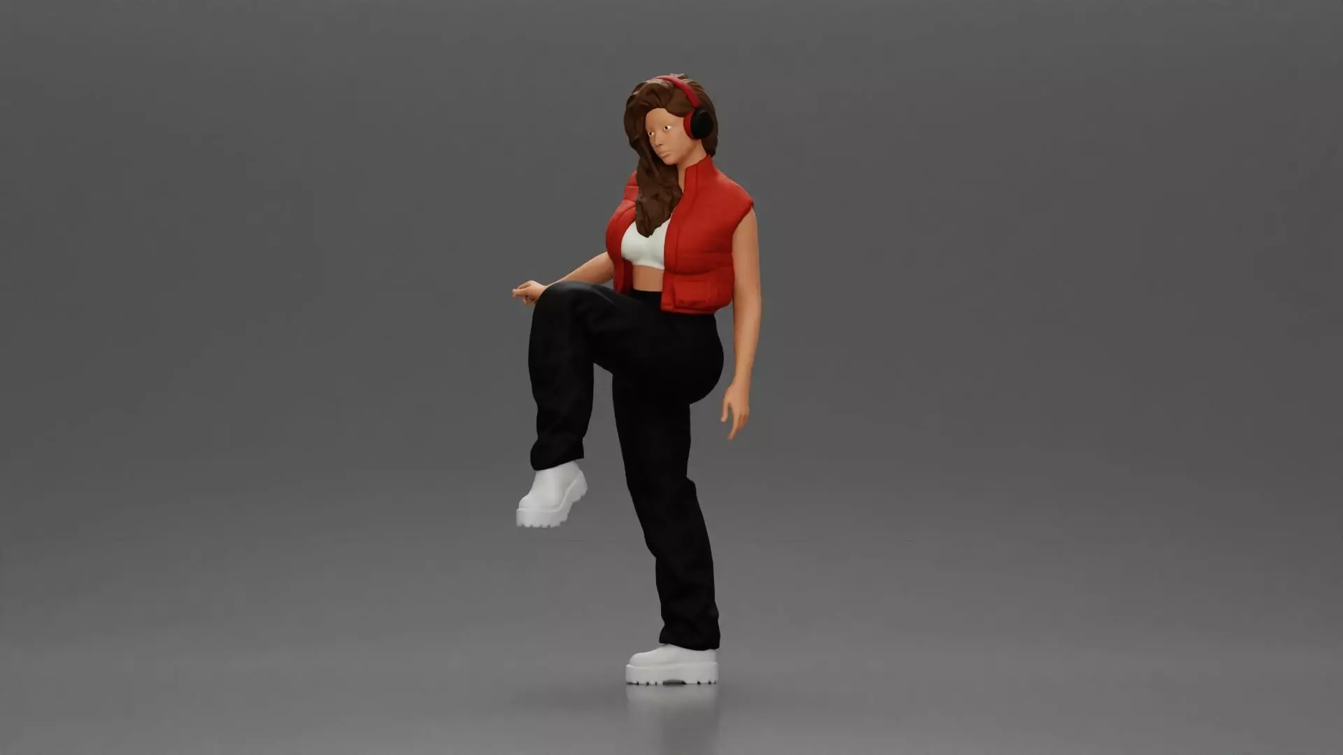 Woman in Headphones Lifting Leg in Stylish Streetwear 3D print model