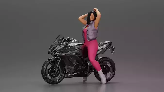 Bold Woman in Pink Jumpsuit Posing on a Sleek Motorcycle