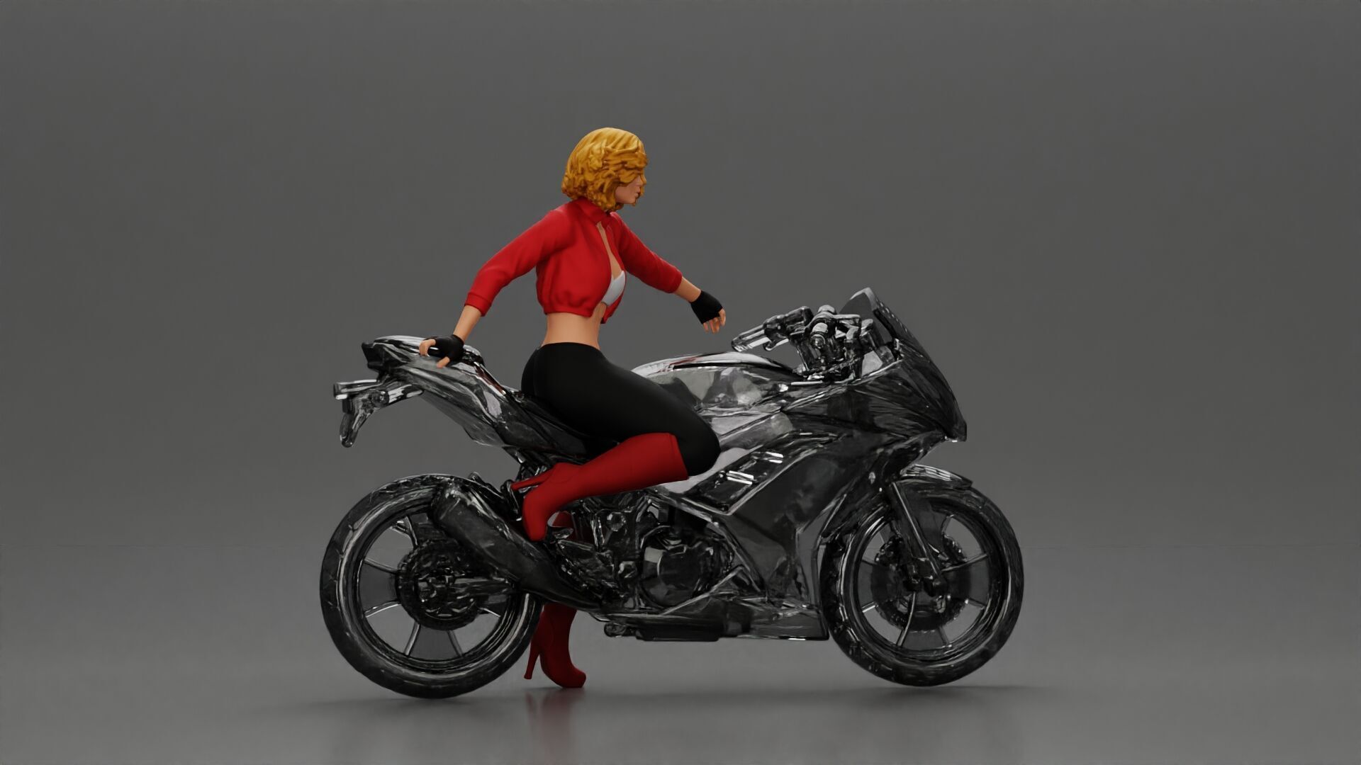 Stylish Rider on Sleek Black Motorcycle with Red Accents 3D print model_2