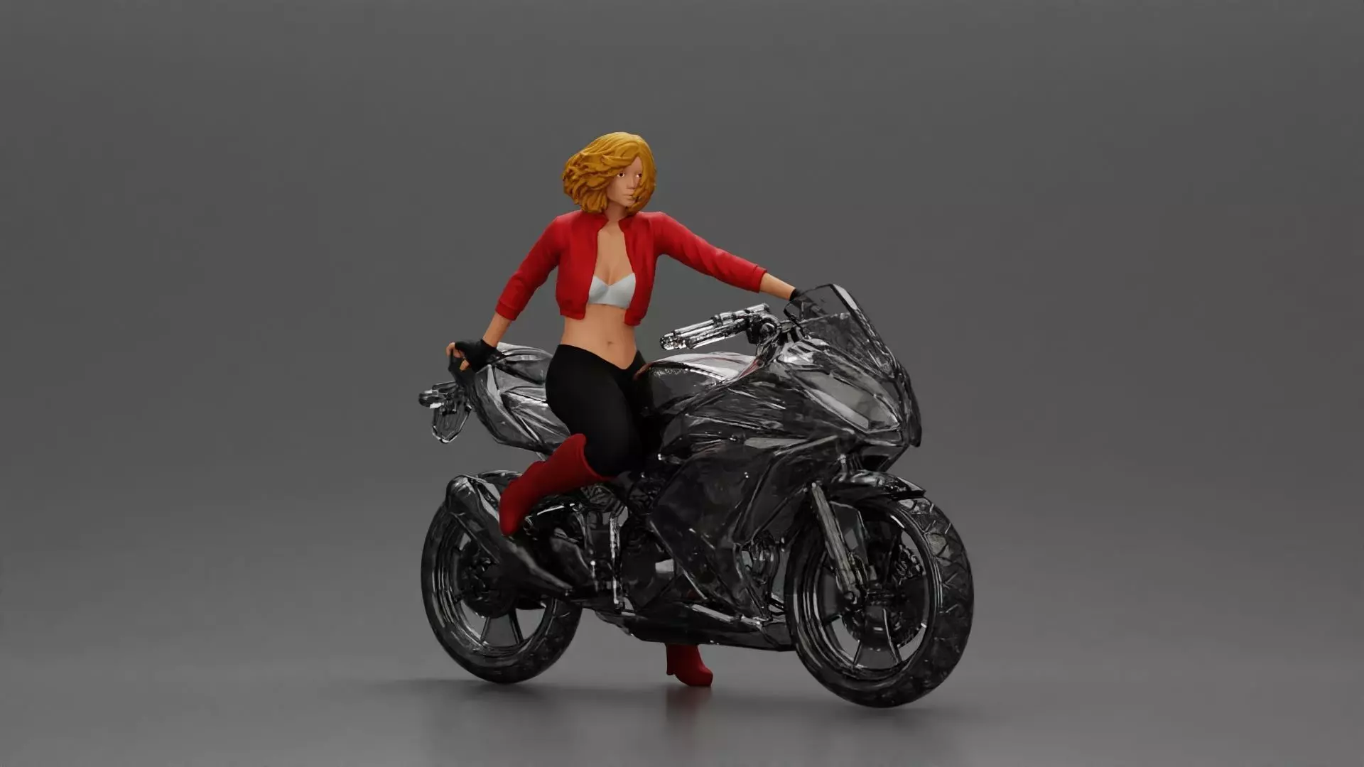 Stylish Rider on Sleek Black Motorcycle with Red Accents 3D print model_0