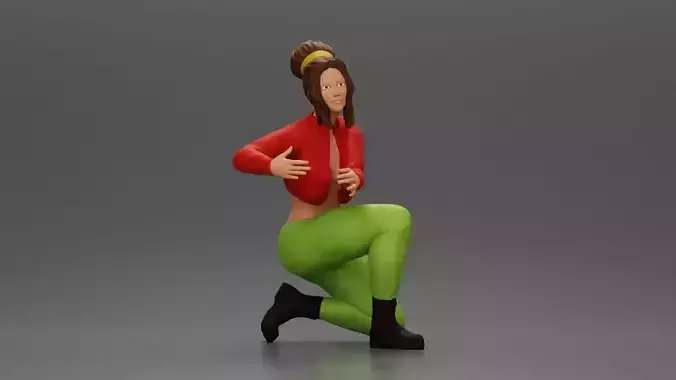 Fashionable woman kneeling in red jacket pants and black boots