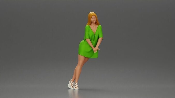 Stylish Woman in Green Dress and White Heels with Pose 3D print model