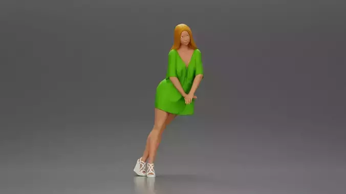 Stylish Woman in Green Dress and White Heels with Pose