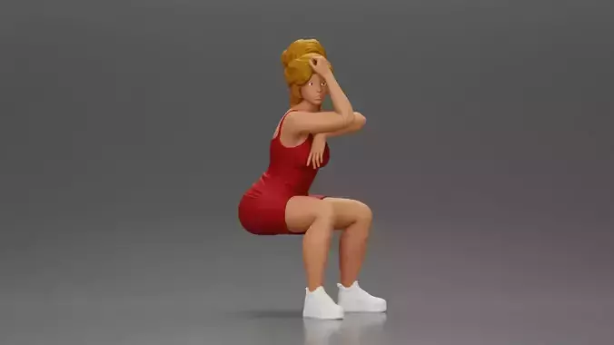 Stylish woman in red dress and sneakers striking dynamic pose