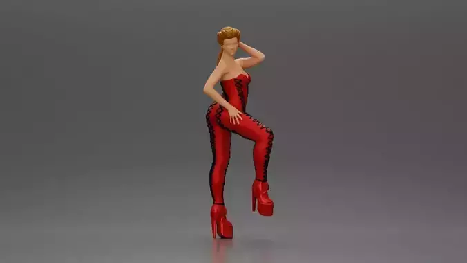 Bold Fashionista in Red Bodysuit and Sky-High Platform Heels