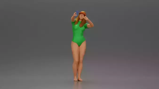 Woman in Green Swimsuit Taking a Selfie with Peace