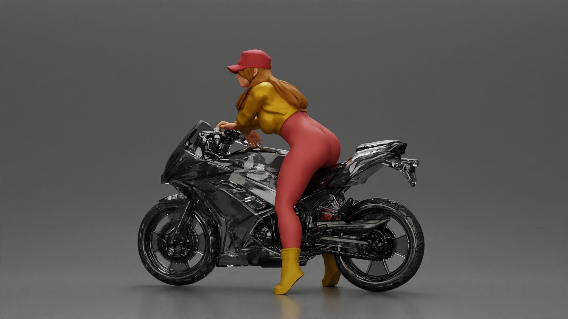 Bold Woman Riding a Sleek Motorcycle in jacket and cap 3D print model_6
