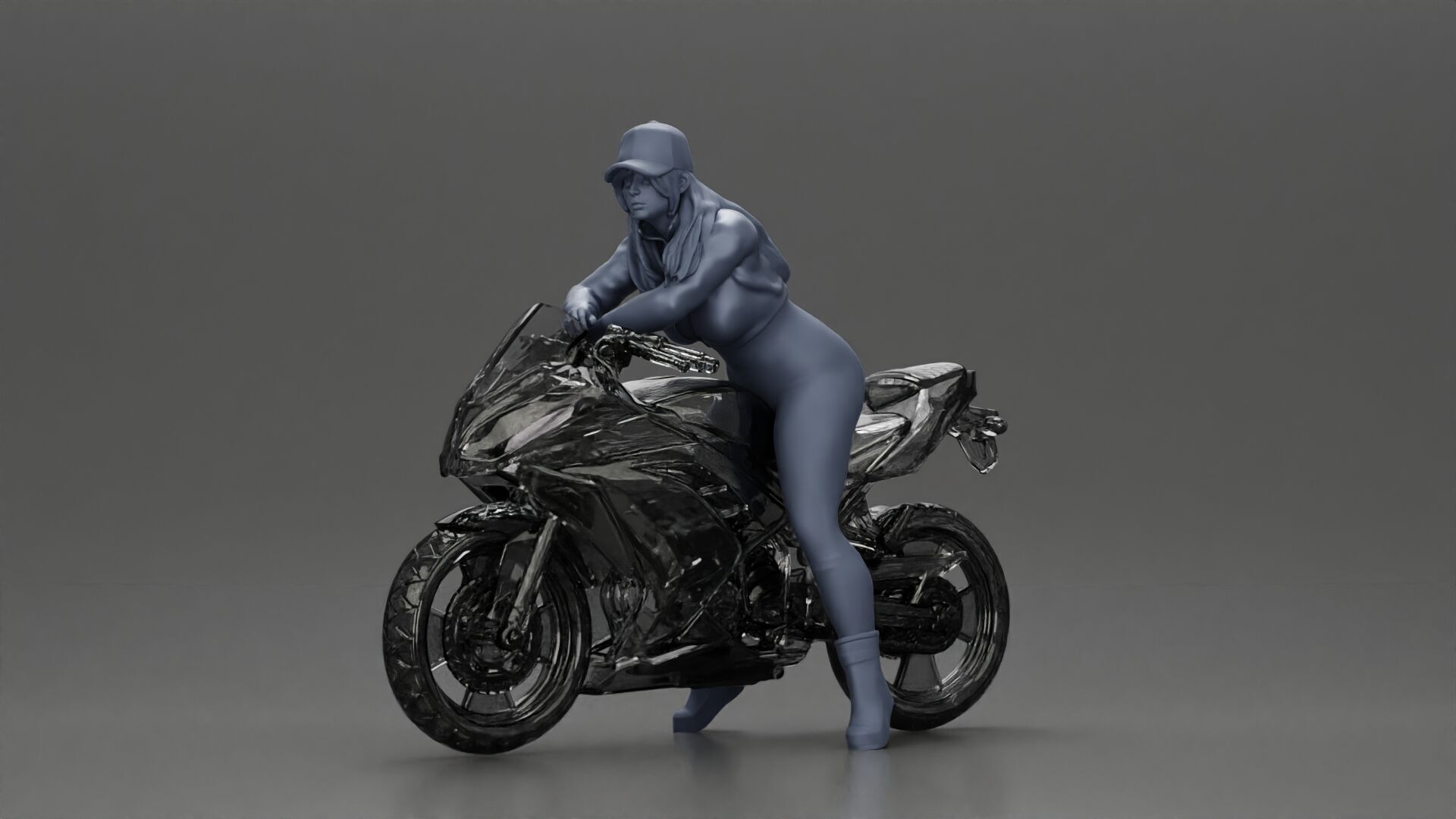 Bold Woman Riding a Sleek Motorcycle in jacket and cap 3D print model_7
