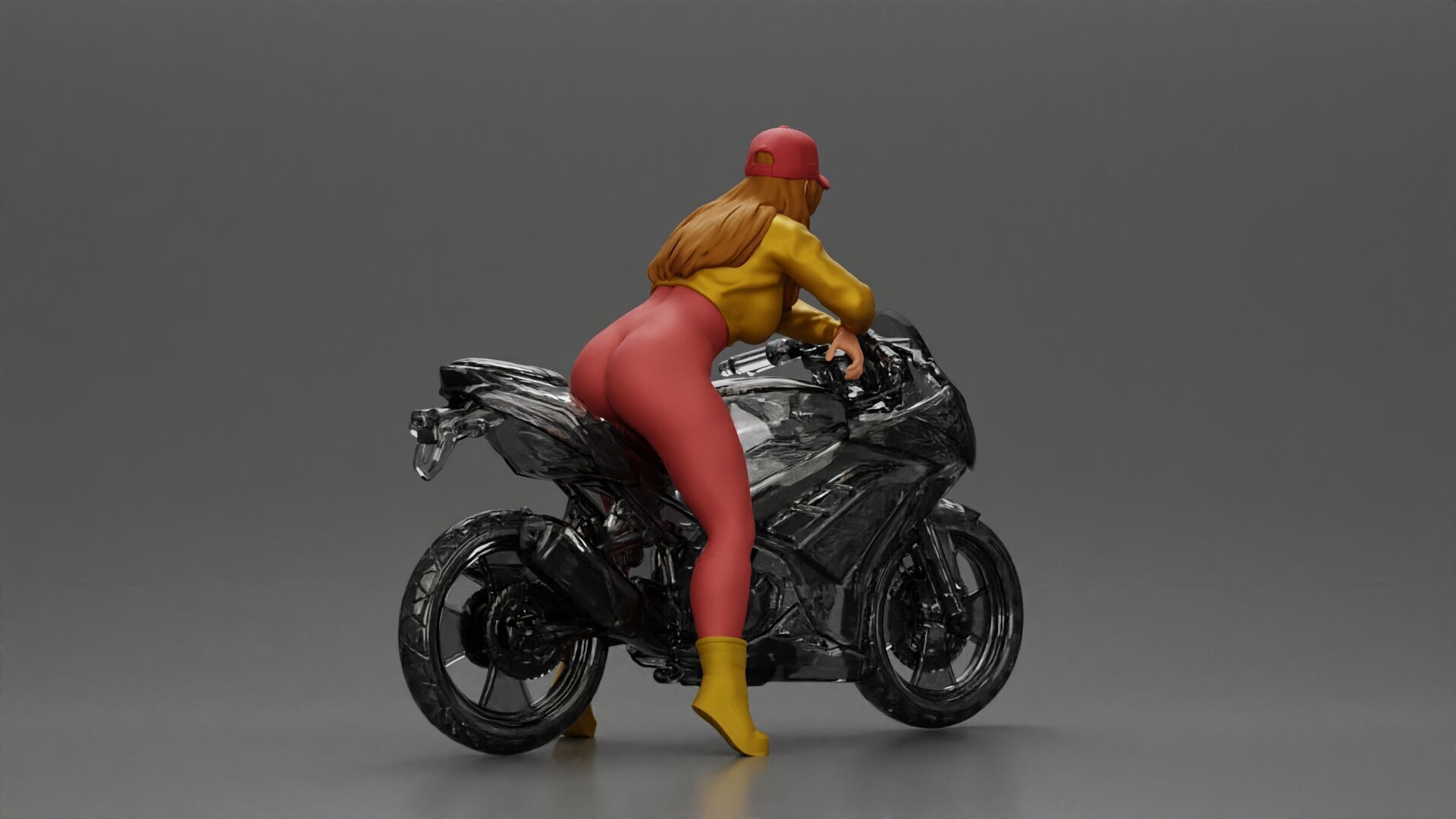 Bold Woman Riding a Sleek Motorcycle in jacket and cap 3D print model_4