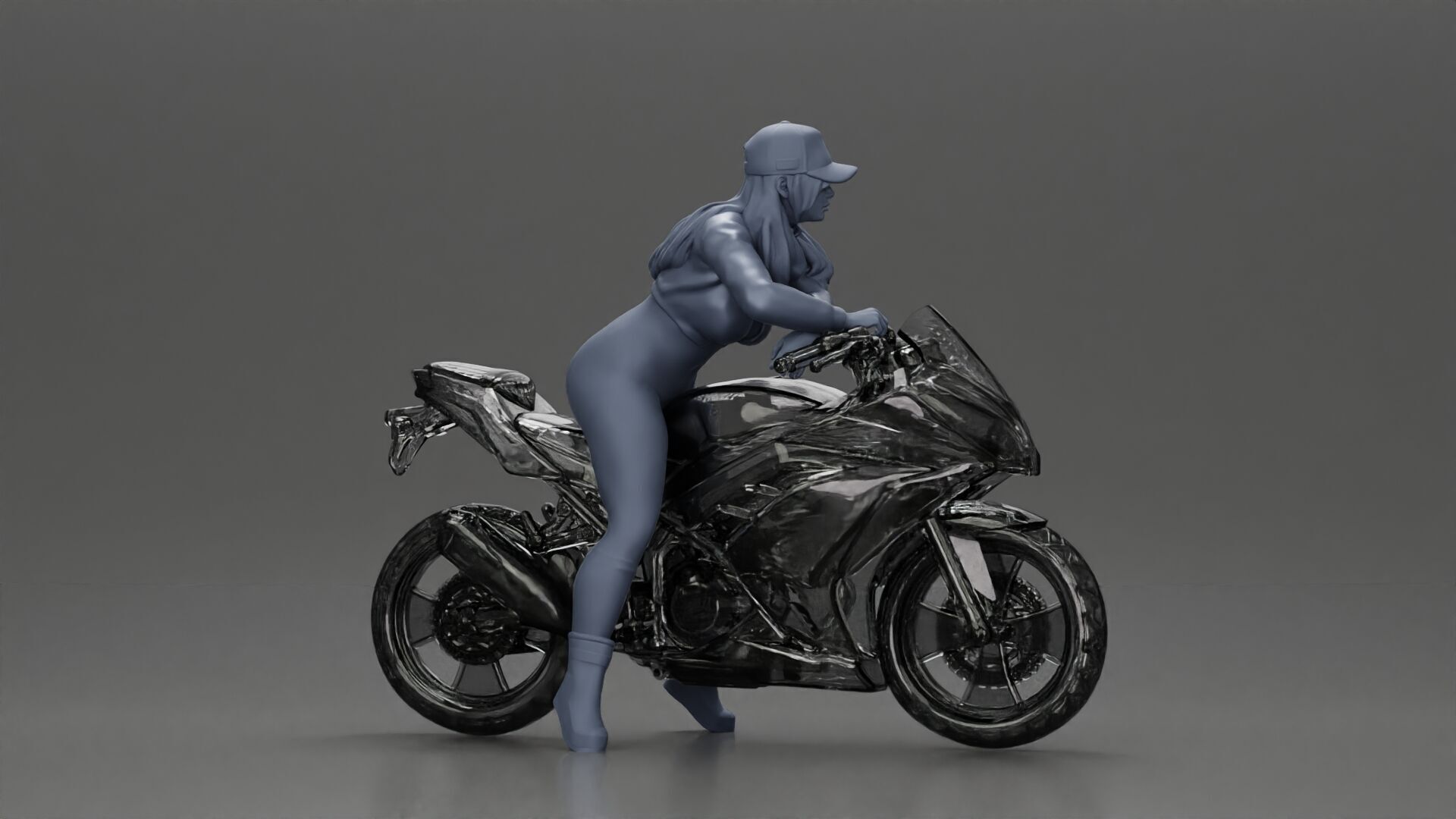 Bold Woman Riding a Sleek Motorcycle in jacket and cap 3D print model_9