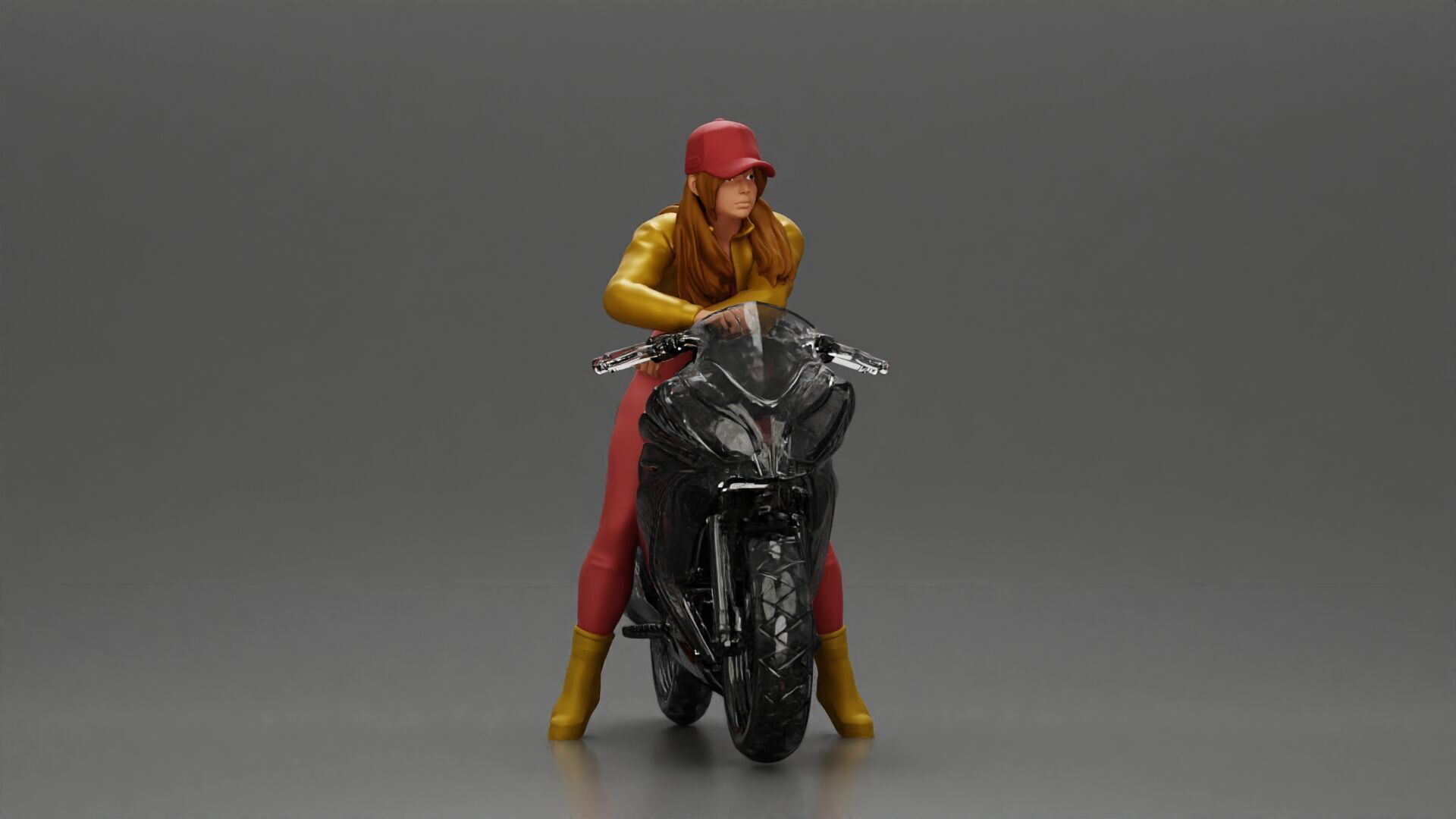 Bold Woman Riding a Sleek Motorcycle in jacket and cap 3D print model_2