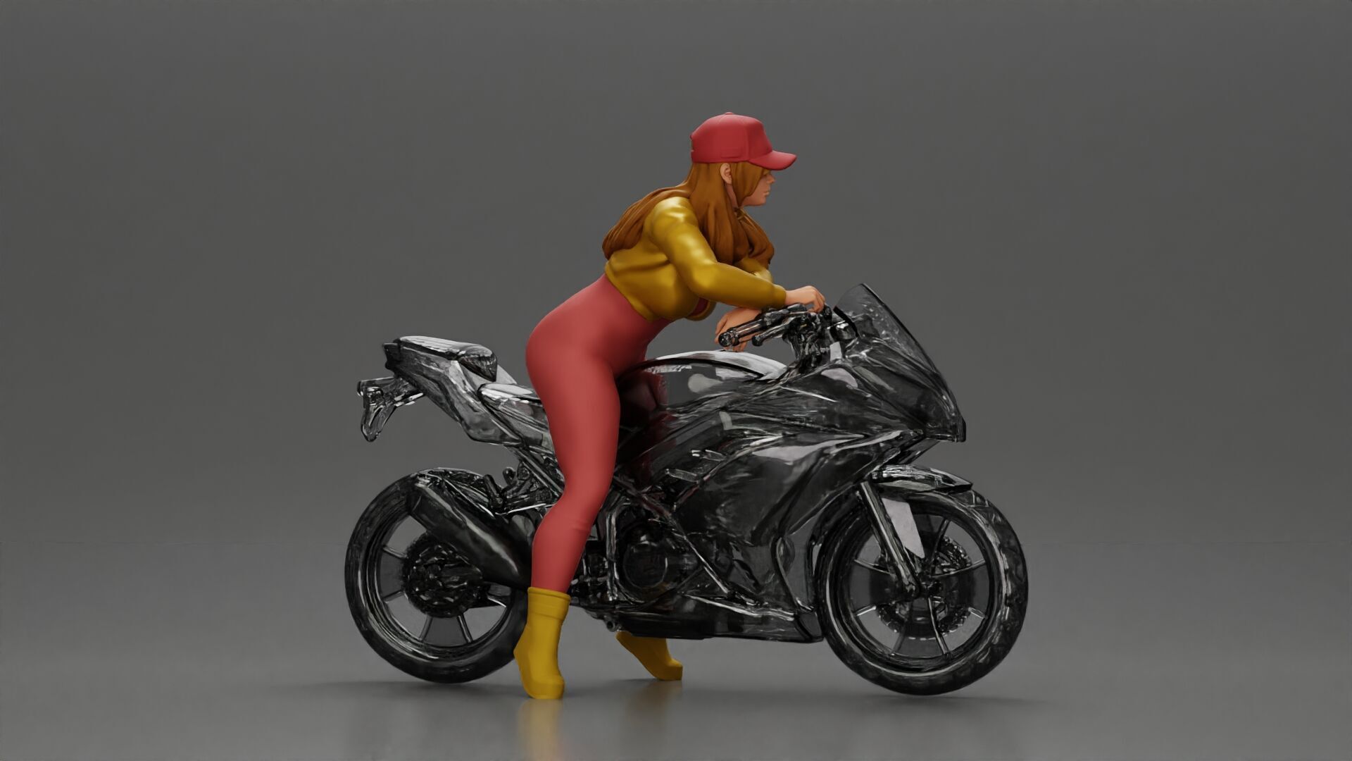 Bold Woman Riding a Sleek Motorcycle in jacket and cap 3D print model_3