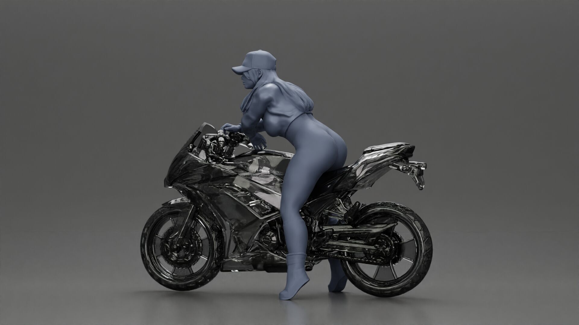 Bold Woman Riding a Sleek Motorcycle in jacket and cap 3D print model_12