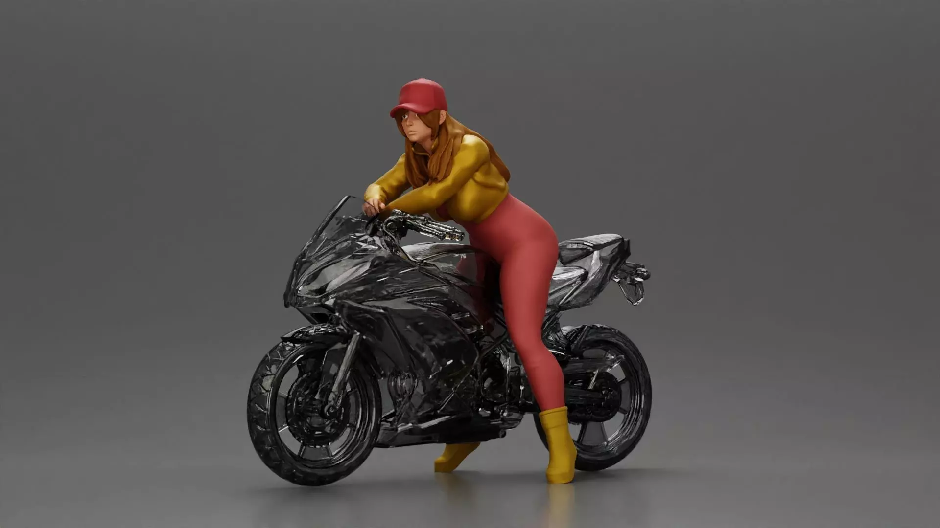 Bold Woman Riding a Sleek Motorcycle in jacket and cap 3D print model_0