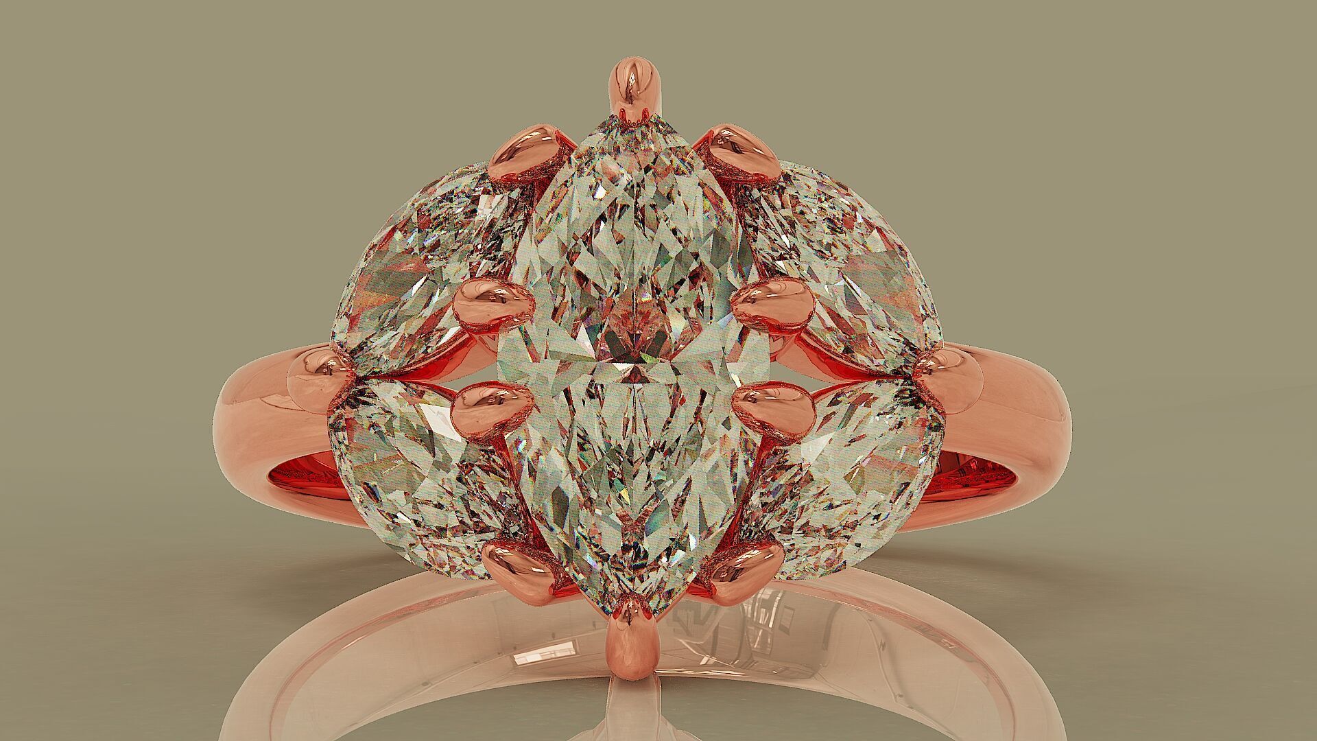 Prong set marquise shape diamond five stone ring  3D print model_10