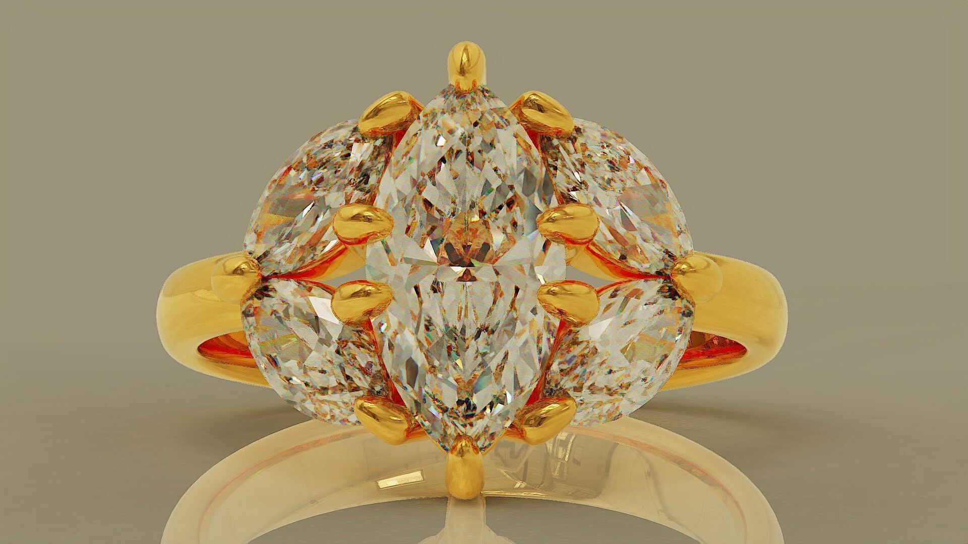 Prong set marquise shape diamond five stone ring  3D print model_4